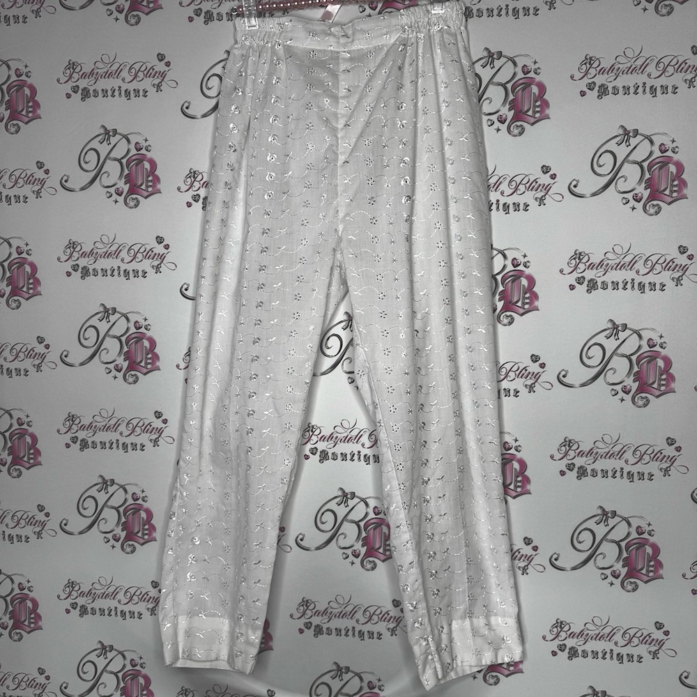 Pants floral embroidered white lounge flowy lounge lightweight flowers shimmer